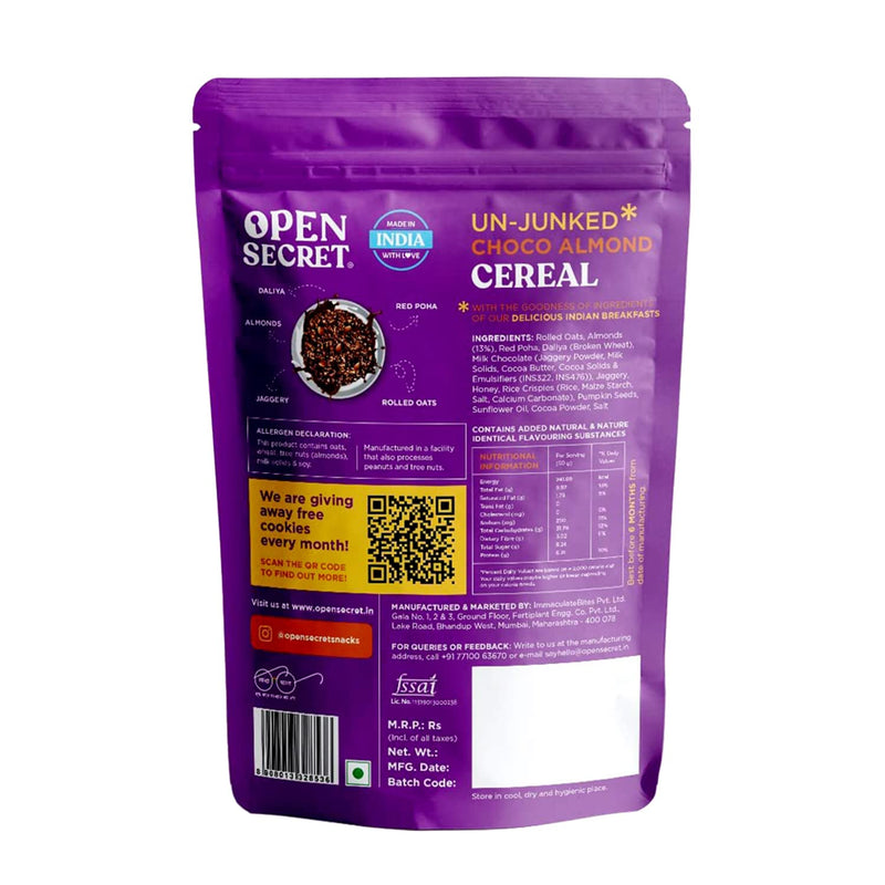 Open Secret Chocolate Almond Muesli 350g| Breakfast Cereal with Nuts & Seeds, Dried Fruits, Oats, Red Poha| Healthy Breakfast Cereal