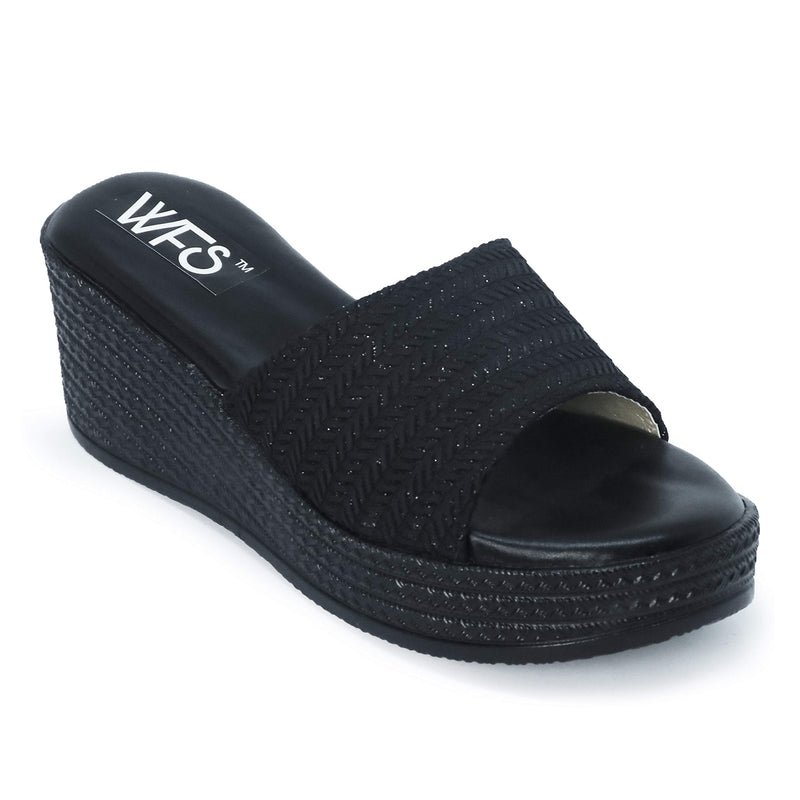 WFS Women Black Wedges Sandal 2.5 Inch Heel (Black, numeric_5)