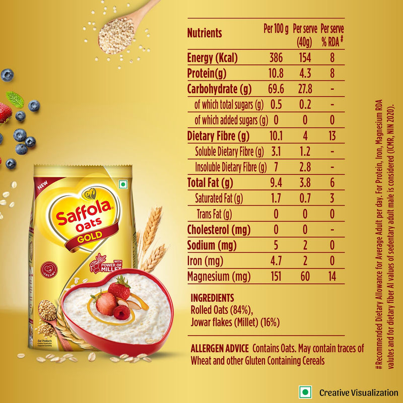 Saffola Oats Gold, Rolled Oats with Millet | High Protein & Fibre | Healthy Cereal for weight loss | 400g