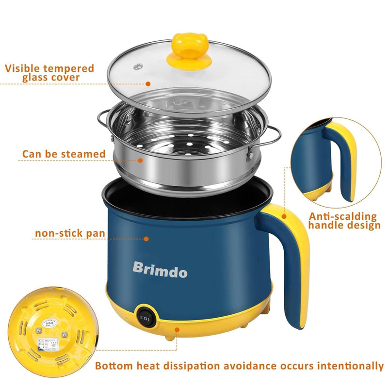 Brimdo 1.8 Litre Electric Cooker 600W Inner Non-Stick Cooking Pan with Stainless Steel Steamer, Double Layered Body Multi Cook Pot Pasta, Noodles, Momos, Rice, Steaming, Egg, Vegetable