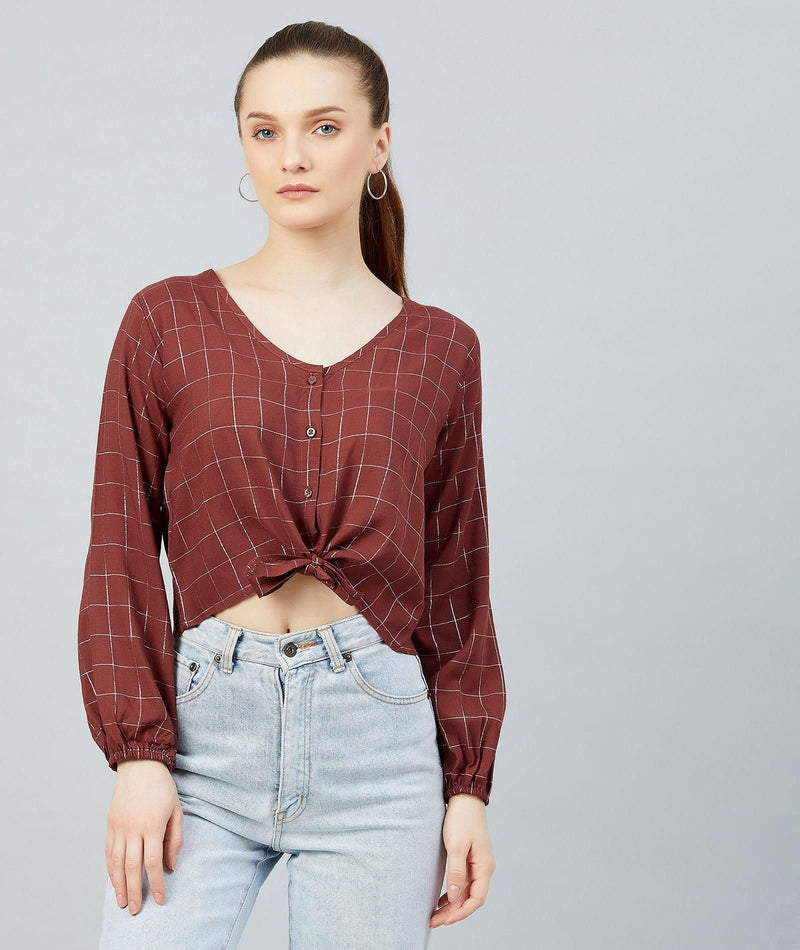 Women's Maroon Checkered Viscose Knotted Top