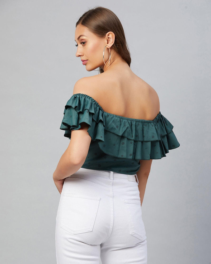 Women's Green Doted Ruffled Crop Top