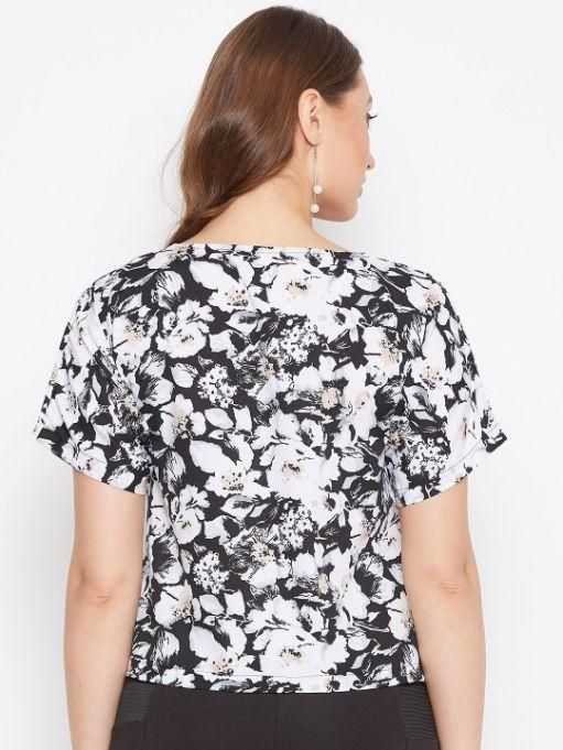 UPTOWNIE Women's Crepe Floral Boat Neck Boxy Top