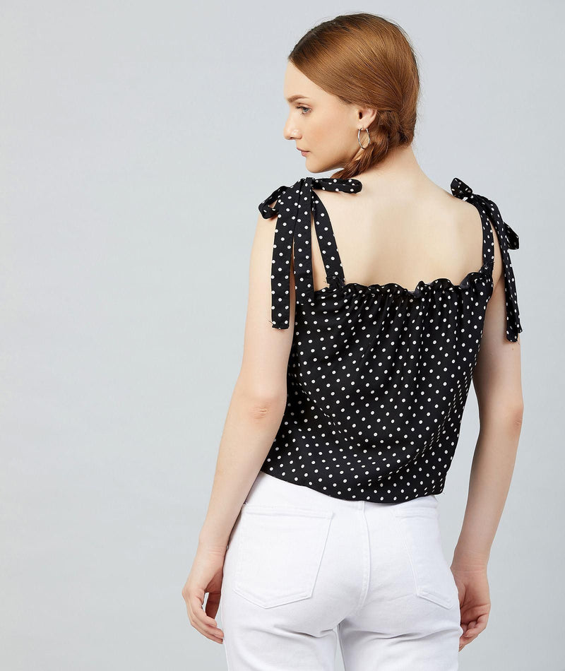 Women's Black Polka Doted Crepe Ruffled Top