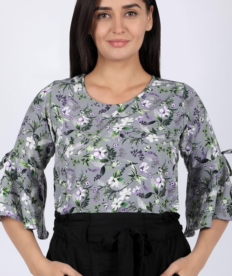 Casual Bell Sleeve Floral Print Women Grey Top