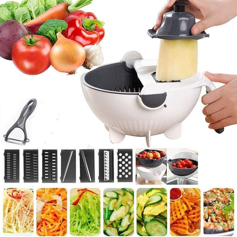 Swadish Basket- 9 in 1 Multifuctional Rotate Vegetable Cutter with Drain Basket