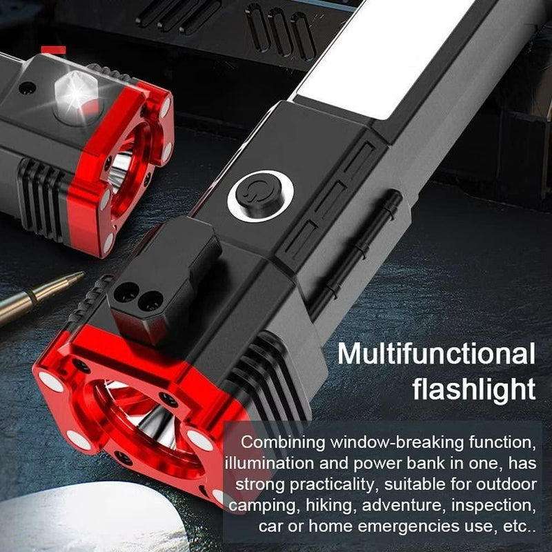 Portable LED Flashlight Multifunctional Work Light Power Bank Emergencies Safety Hammer Waterproof with Sidelight 4 Light Modes for Car Outdoor Camping Hiking Adventure Inspection Red yunfu