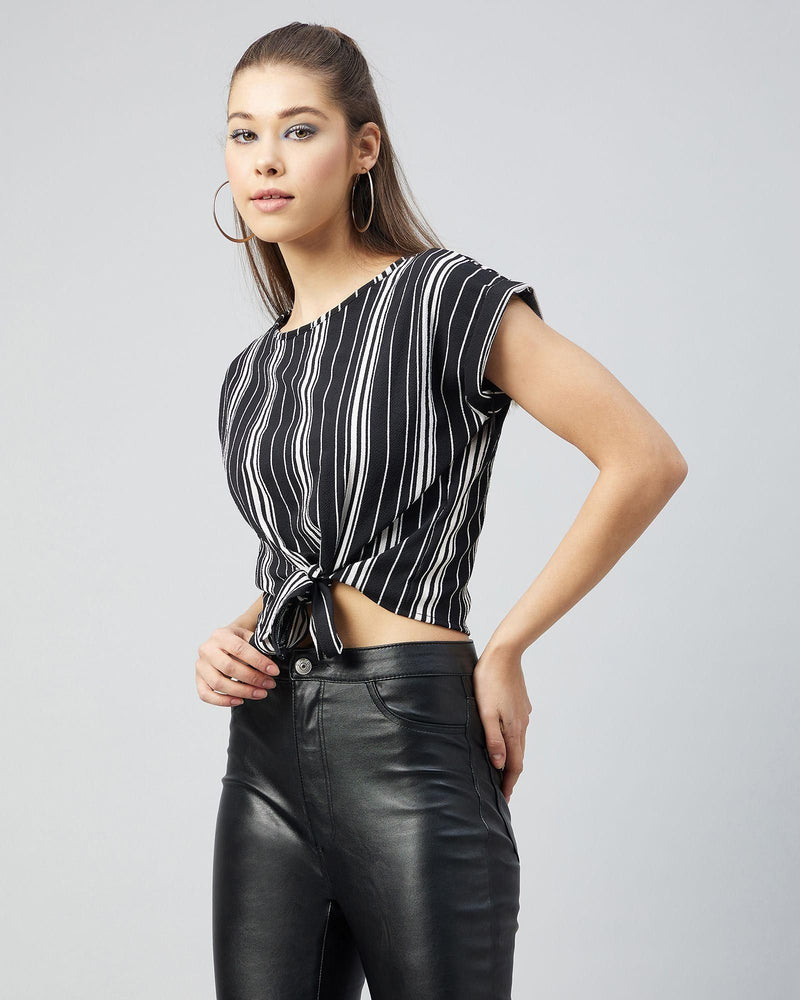 Women's Crepe Black And White Sleeveless Knotted  Crop Top