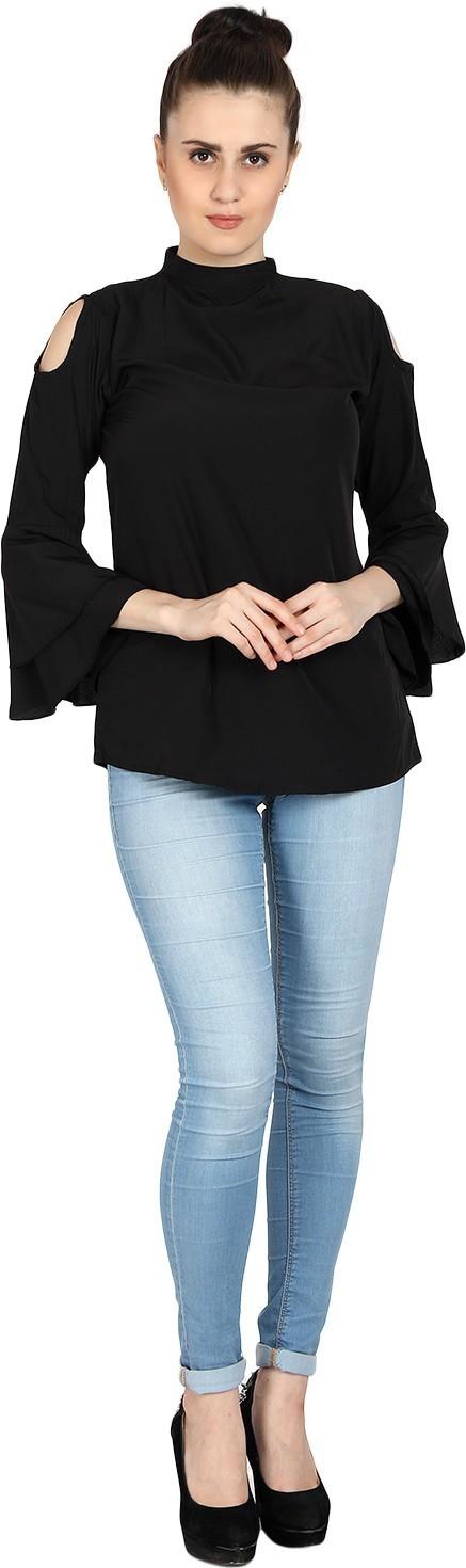 Women's Poly Crepe Solid Cold Shoulder Top