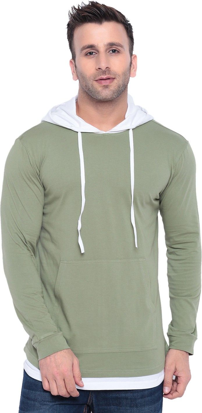 Gritstones Cotton Blend Solid Full Sleeves Mens Hooded Neck T-shirt