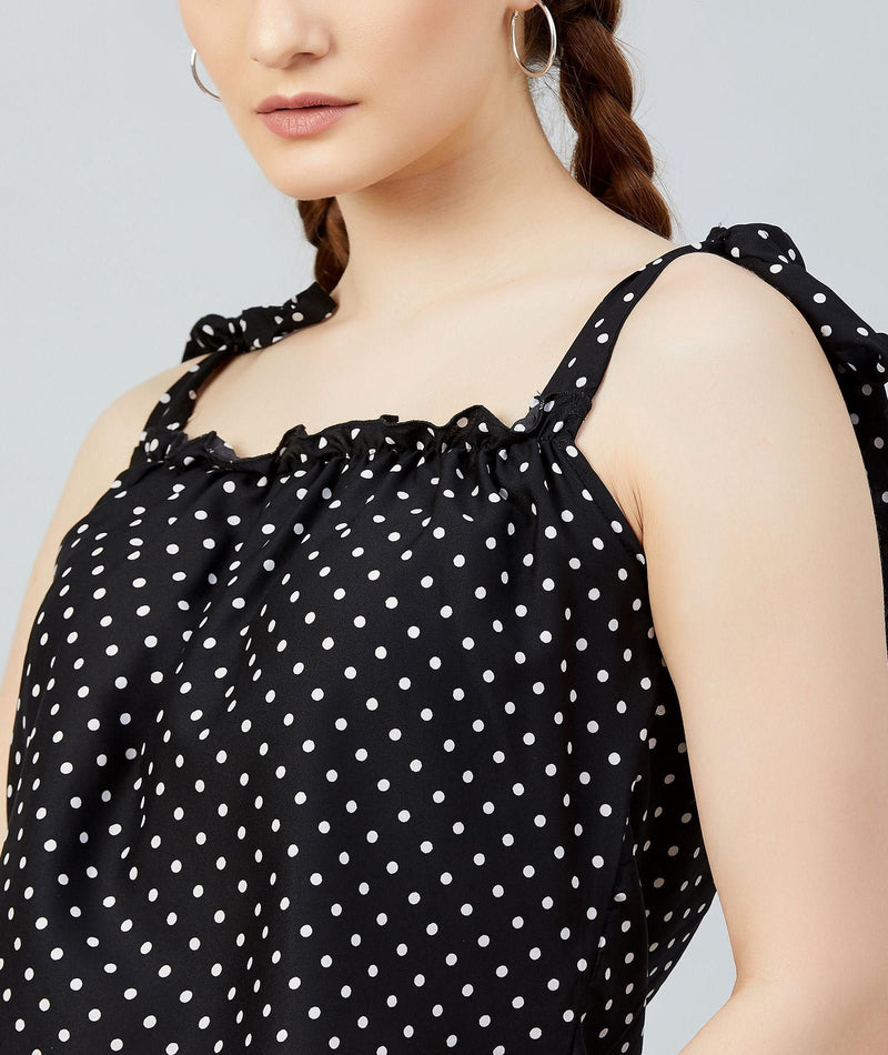 Women's Black Polka Doted Crepe Ruffled Top