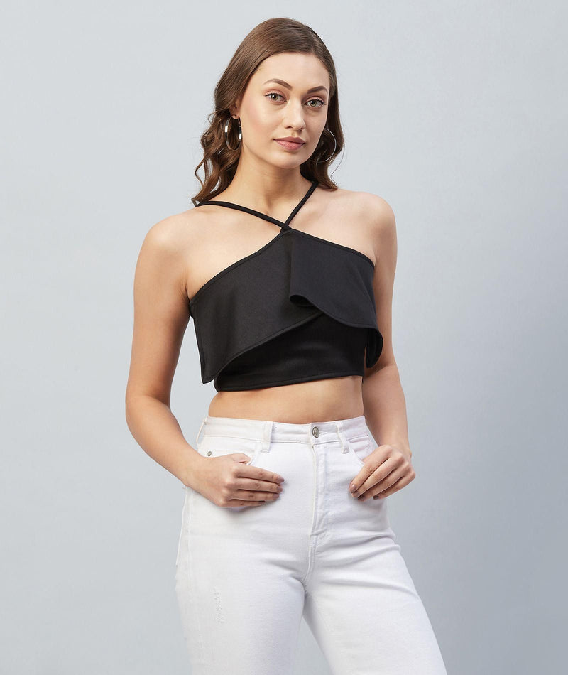 Women's Solid Tie Up Neck Black Crop Top