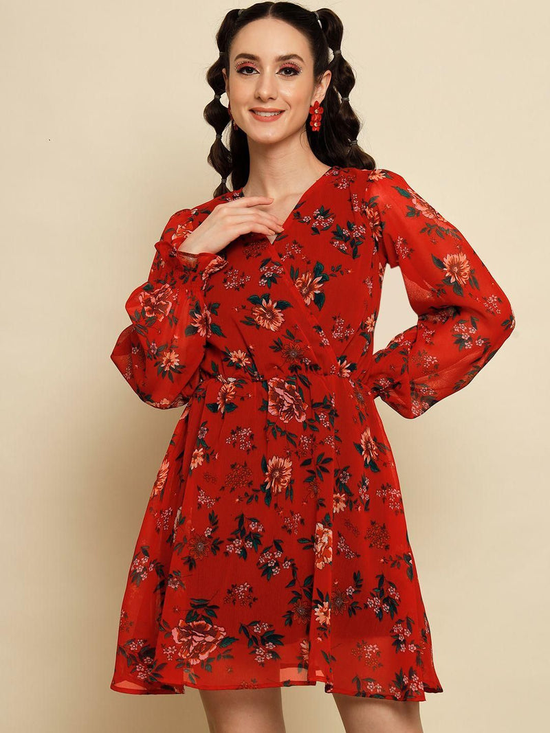 TRENDARREST Women's Red Floral Printed Overlap Dress