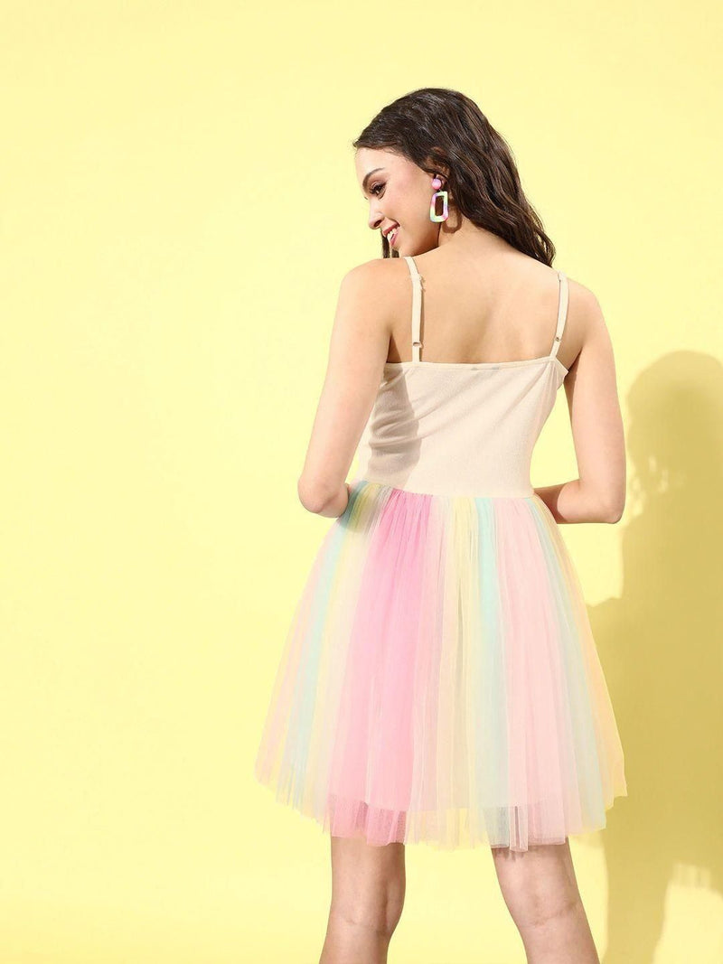 Style Quotient Women's Nylon Color Blocked Net Dress