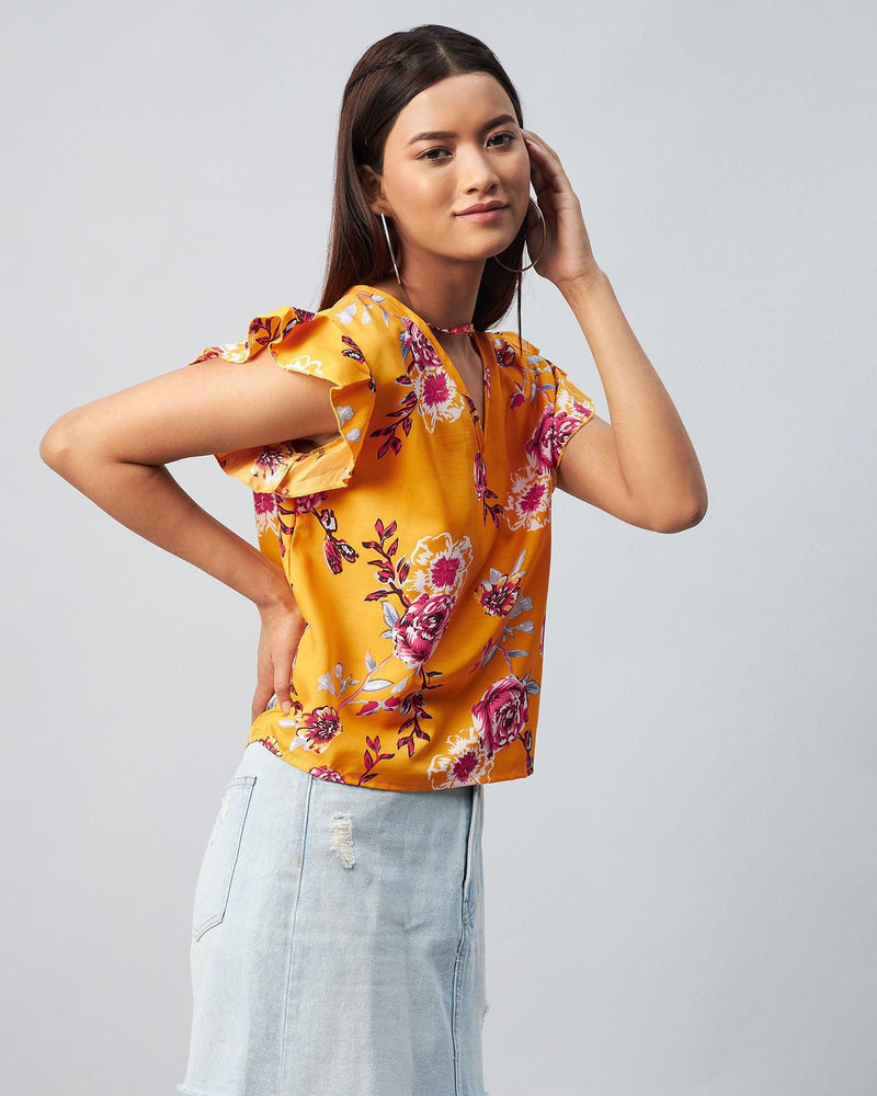 Women Crepe Yellow Flower Printed Ruffled Top