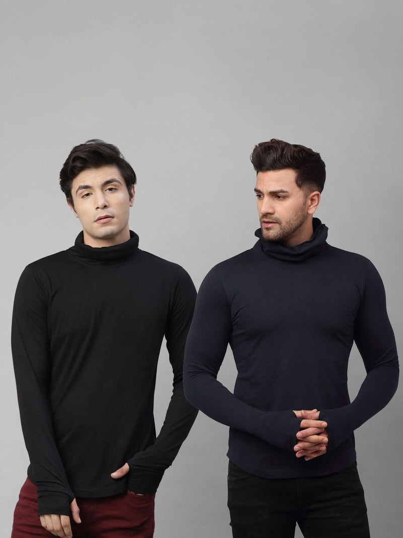 Rigo International Cotton Solid Full Sleeves Mens Stylized Neck T-Shirt Pack of 2