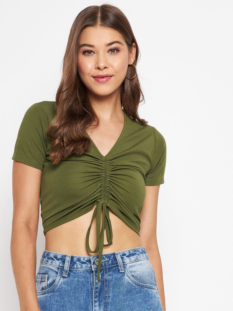 Uptownie Lite Stretchable Polyester Front Drawstring Ruched Crop Top