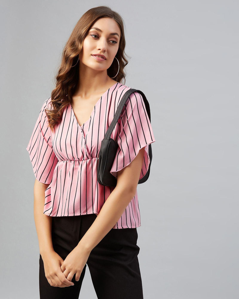 Women's Pink Striped Crepe Asymmetrical Top