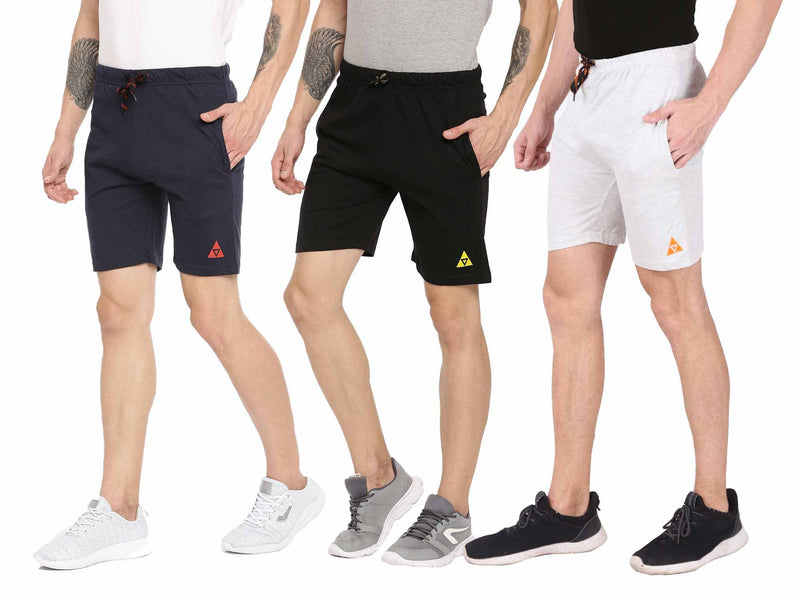 Cotton Blend Solid Regular Fit Mens Sport Shorts Pack Of 3