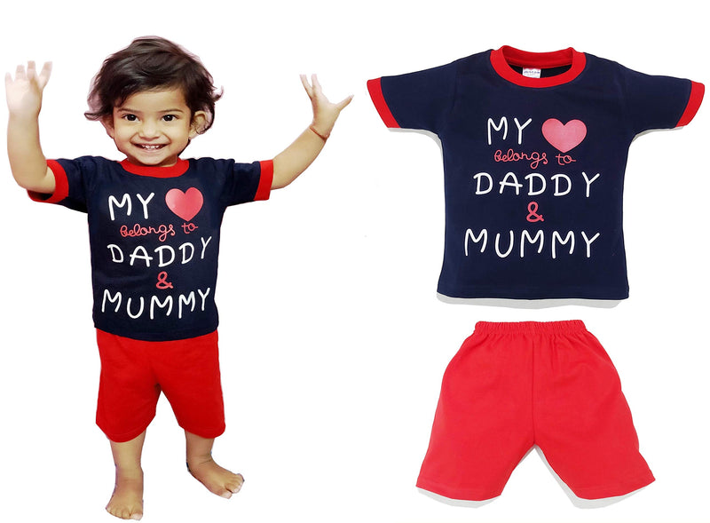 JUSFAB Kidswear Infant wear Baby Boy Girl Clothes T-shirt Pant Set 100% Cotton Blue Tee Red Bottom 18-24 months