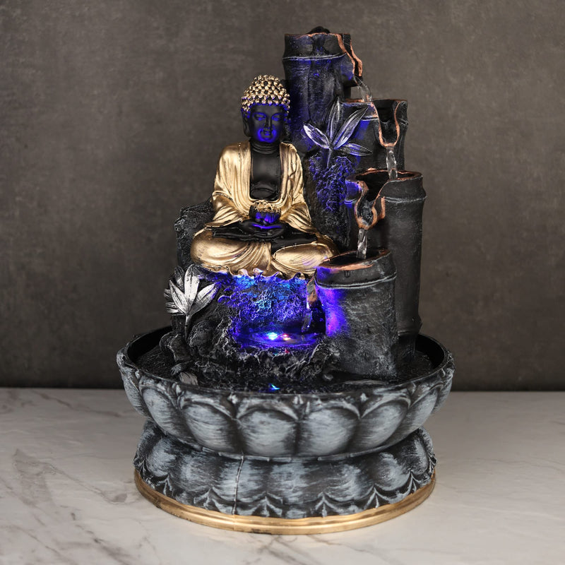 VIVARS Polyresin Table Top Indoor Outdoor Water Fountain with LED Lights for Home Decor Decoration Showpiece Gift Gifting Items Buddha Fountain