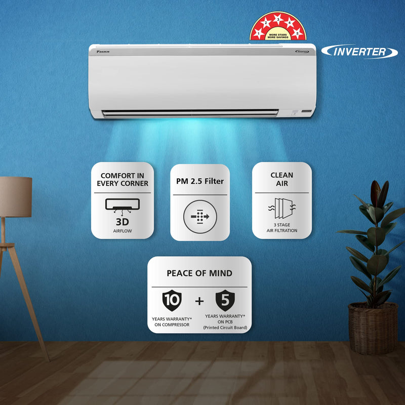 Daikin 1.5 Ton 5 Star Inverter Split AC (Copper, PM 2.5 Filter, 2022 Model, MTKM50U, White)