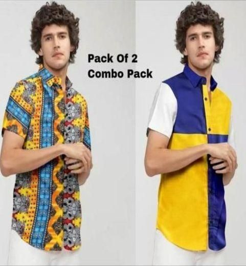 Cotton Printed/color Block Half Sleeves Regular Fit Casual Shirt Pack Of 2