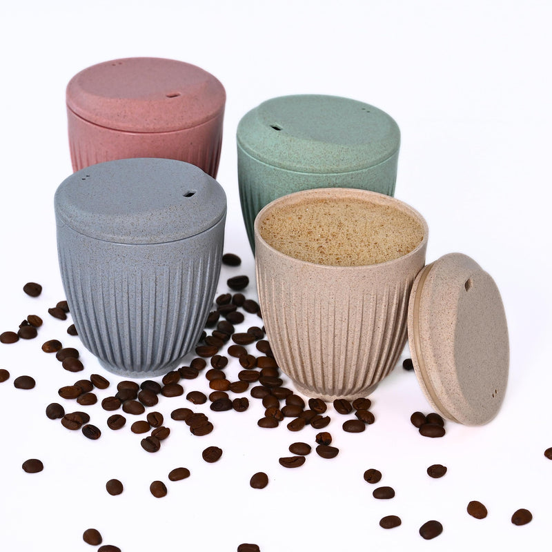 Eha Earth-Friendly Retro Coffee Cup Set of 4 | 250 ml | Coffee Mug with Lid | Made with Rice Husk | Tea Cup with lid | Microwave Safe | for Hot & Cold Coffee, Milk & Tea Mug | Multi-Light