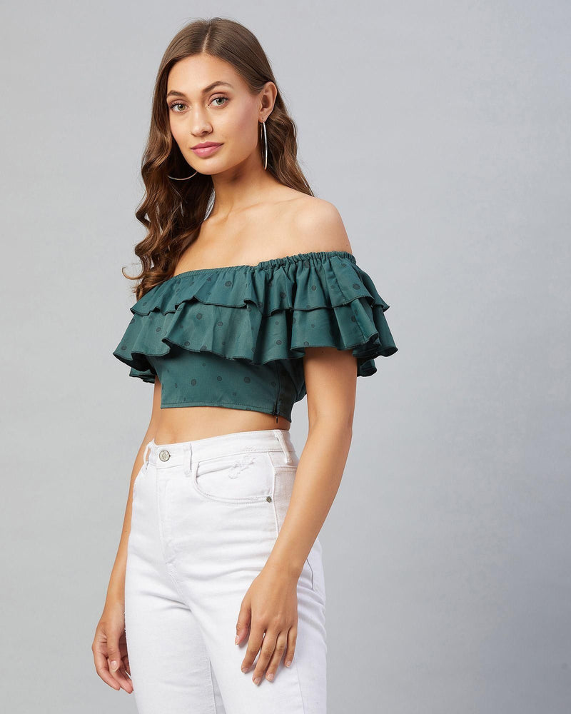 Women's Green Doted Ruffled Crop Top