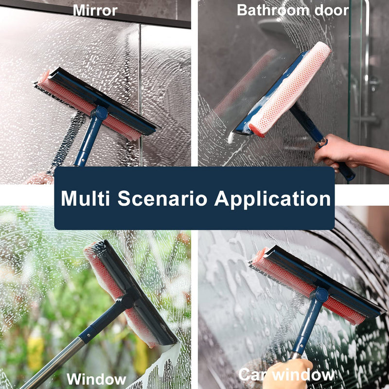 Window Squeegee with 56" Long Handle,2 in 1 Window Cleaning Tools with Dual Side Blade Rubber & Scrubber Sponge,Squeegee for Shower Glass Door,car Windshield,Glass,Mirror,Outdoor Window