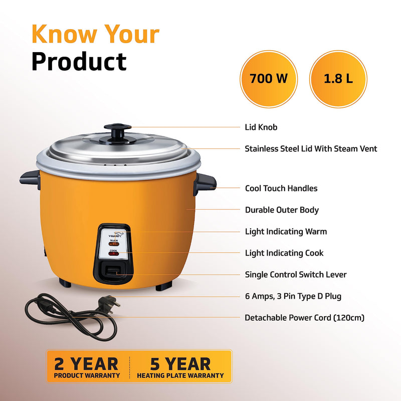 V-Guard VRCD 1.8 Litre Electric Rice Cooker, 5 Year Heating Plate & 2 Year Product Warranty, Automatic Cooking with Warm & Cook Functions, Pale Orange