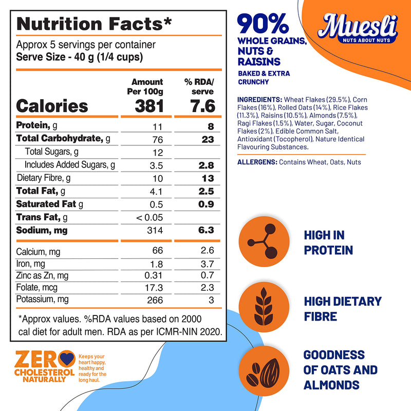 Fit & Flex Muesli Breakfast Baked and Crunchy Low Added Sugar Zero Cholesterol and Fibre Rich High In Protein Snacks Ready to Eat Healthy Oat Rich Cereal, Nuts About Nuts - Pack of 1, 450gm