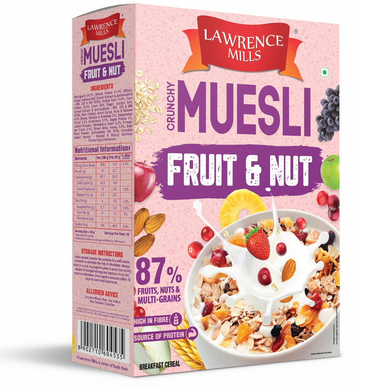 Lawrence Mills Crunchy Muesli 500gm Box, 85% Fruit Nuts & MultiGrains|Source of Protein & Fibre|Goodness of 6 Fruit & Nuts|WholeGrains Muesli|No TransFat|No Artificial Colors|Cholesterol Free Muesli