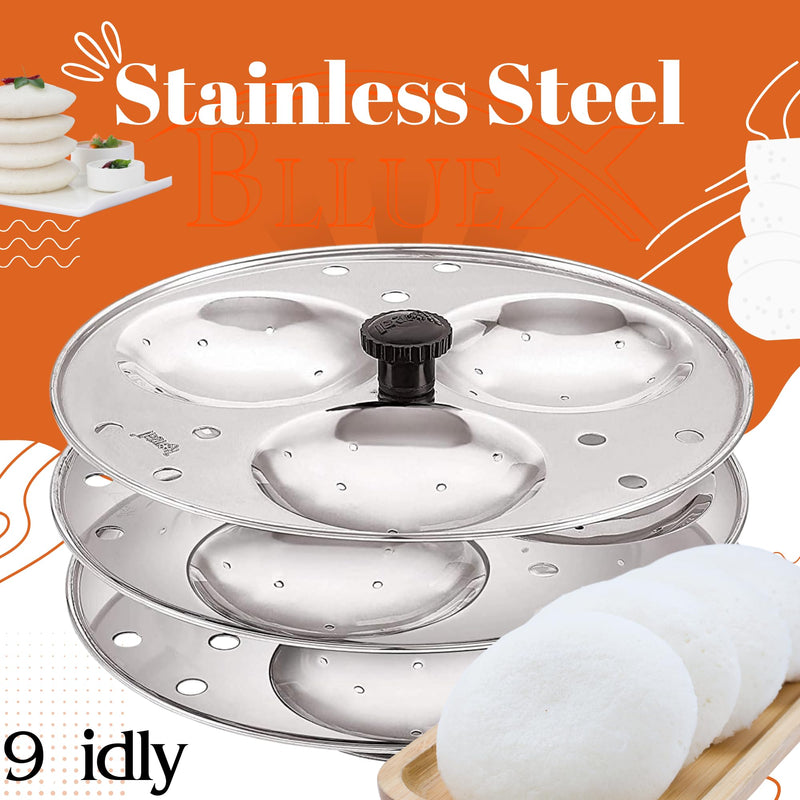 BLLUEX - Stainless Steel Idli Stand Idli Maker 3 x 3 Plates (9 Idly) for Home And kitchen