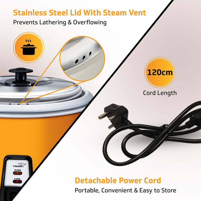 V-Guard VRCD 1.8 Litre Electric Rice Cooker, 5 Year Heating Plate & 2 Year Product Warranty, Automatic Cooking with Warm & Cook Functions, Pale Orange