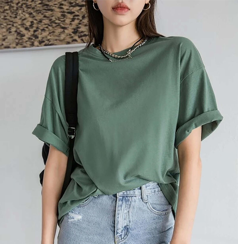 London Hills Casual Round Neck Solid, Oversized Drop Shoulder Women's T-Shirt Green