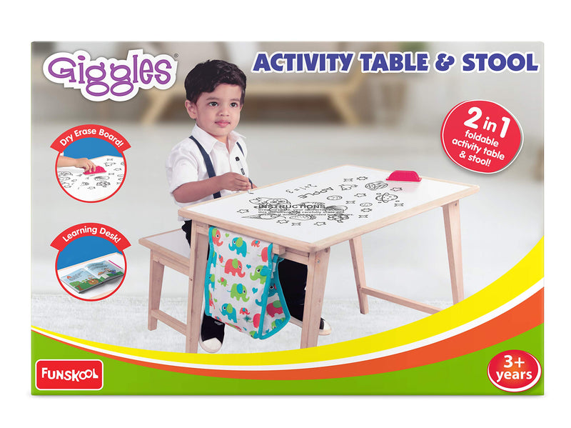 Giggles Nico The Giraffe, Yellow & Giggles - 9924300 Activity Table & Stool, Foldable Wooden Study Set with Storage Bag and White Board