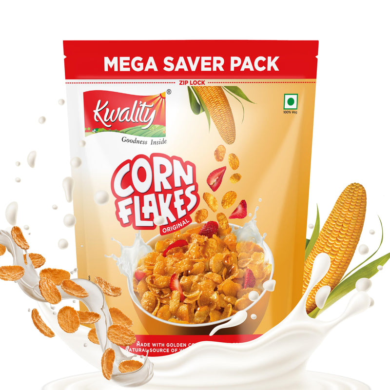 Kwality Corn Flakes 800g | Made with Golden Corns | 99% Fat Free, Natural Source of Vitamin & Iron | High in Protein & Fiber | Healthy Food & Breakfast Cereal | Low Fat & Cholesterol