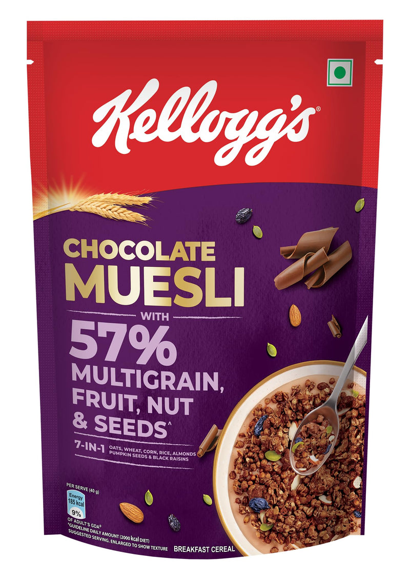 New Kellogg's Chocolate Muesli 57% Multigrain, Fruit, Nut & Seeds 450g | 7in1 - Oats, Wheat, Corn, Rice, Almonds, Pumpkin Seeds & Black Raisins | Source of Protein & Fibre, Multigrain Breakfast Cereal