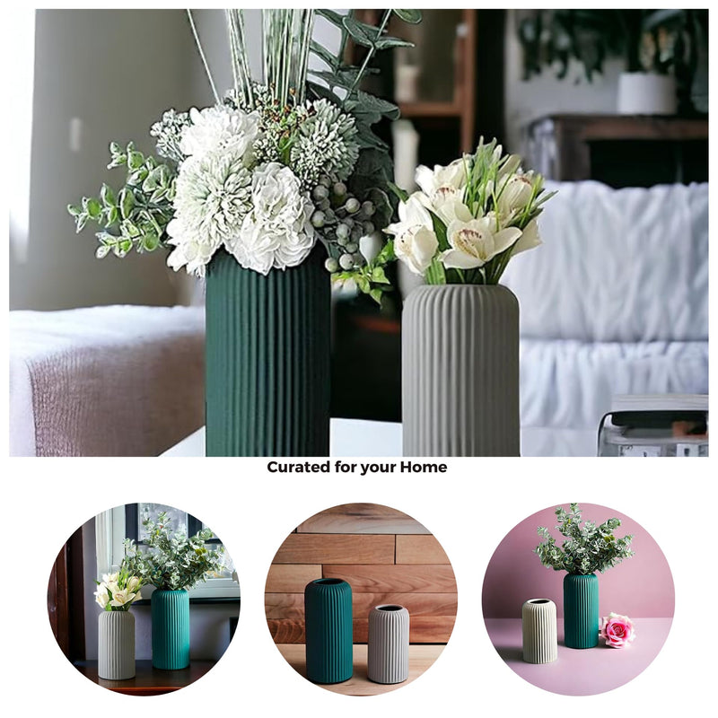 NEELAYA Premium Ribbed Ceramic Flower Vase for Living Room - Decorative Showpiece Plant Vases for Home Decor, Bedroom, Gift - Matte Finish - Set of 2 (Green - 20.5 cm & Grey -15.3 cm)