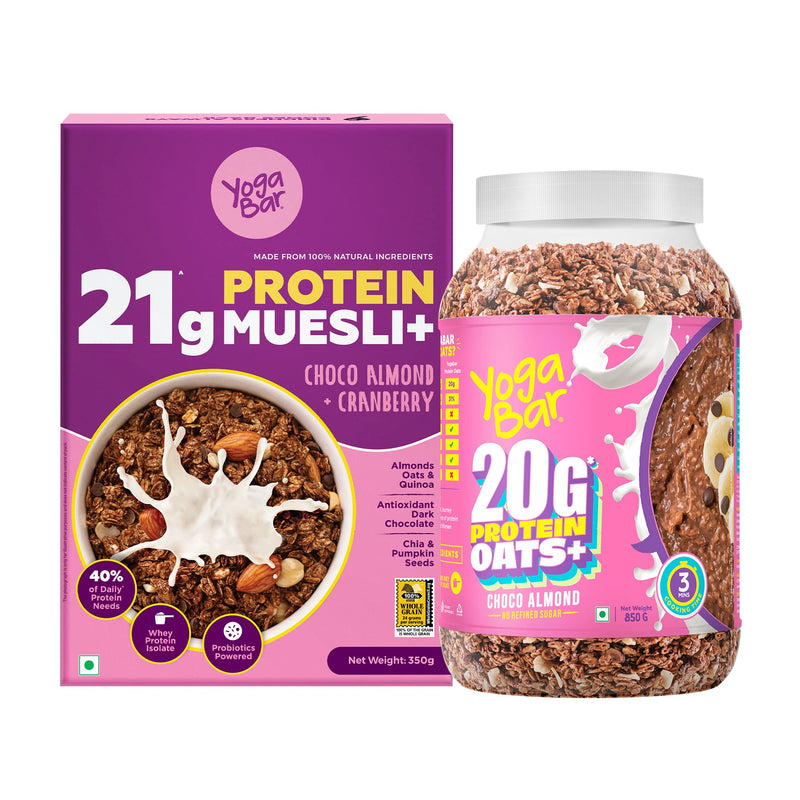 Yogabar High Protein Muesli - Choco Almond & Cranberry - 21g Protein Muesli with Premium Whey Protein Isolate 350g, and 1 High Protein Oats 850g | Choco Almond Oatmeal | High Fiber (Combo of 2)