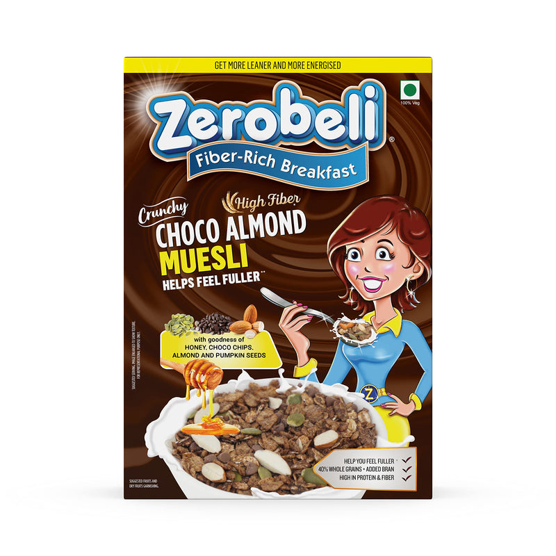 Zerobeli 100% Wholegrain Dark Chocolate Almond Muesli 500g - With Almonds, Pumpkin Seeds and Cranberry|High in Protein and Fiber|Rich in Antioxidants|