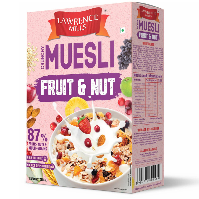 Lawrence Mills Crunchy Muesli 500gm Box, 85% Fruit Nuts & MultiGrains|Source of Protein & Fibre|Goodness of 6 Fruit & Nuts|WholeGrains Muesli|No TransFat|No Artificial Colors|Cholesterol Free Muesli