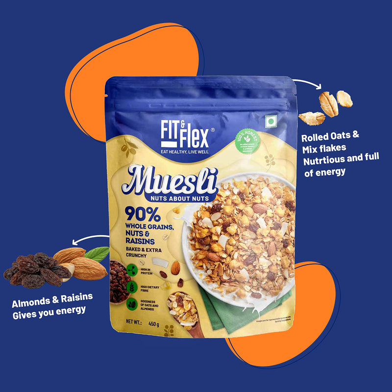 Fit & Flex Muesli Breakfast Baked and Crunchy Low Added Sugar Zero Cholesterol and Fibre Rich High In Protein Snacks Ready to Eat Healthy Oat Rich Cereal, Nuts About Nuts - Pack of 1, 450gm