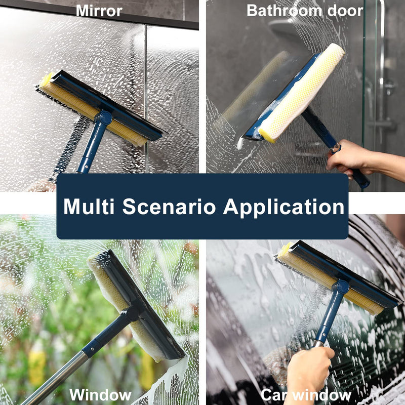 Window Squeegee with 56" Long Handle,2 in 1 Window Cleaning Tools with Dual Side Blade Rubber & Scrubber Sponge,Squeegee for Shower Glass Door,car Windshield,Glass,Mirror,Outdoor Window