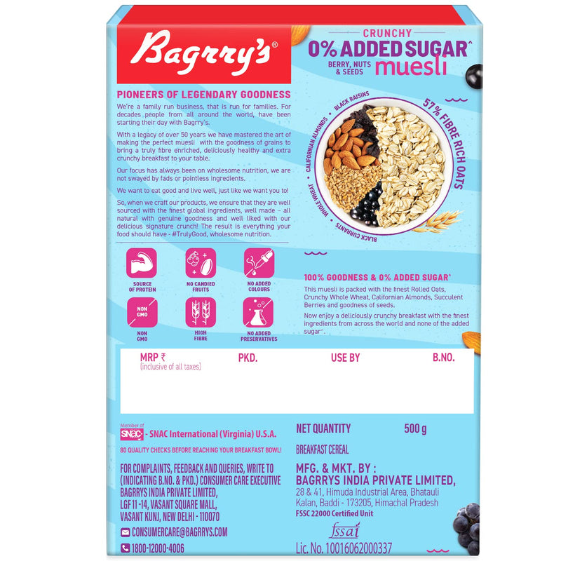 Bagrrys 0% Added Sugar Muesli – Berry, Nuts & Seeds 500g | Whole Grain Breakfast Cereal | Helps Manage Weight |0% Added Sugar| No Sugar infused berries| No Added Preservatives