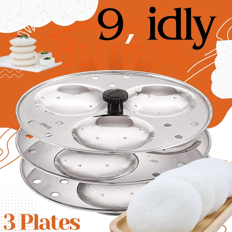 BLLUEX - Stainless Steel Idli Stand Idli Maker 3 x 3 Plates (9 Idly) for Home And kitchen