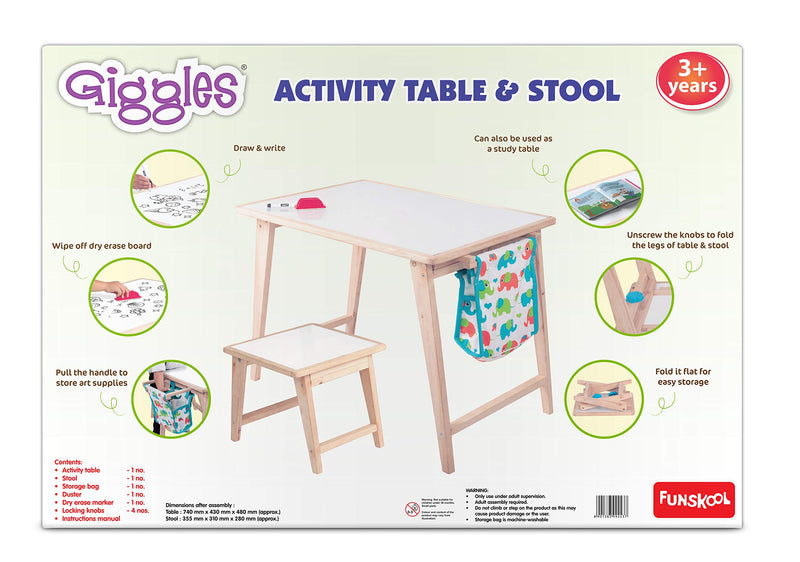 Giggles Nico The Giraffe, Yellow & Giggles - 9924300 Activity Table & Stool, Foldable Wooden Study Set with Storage Bag and White Board