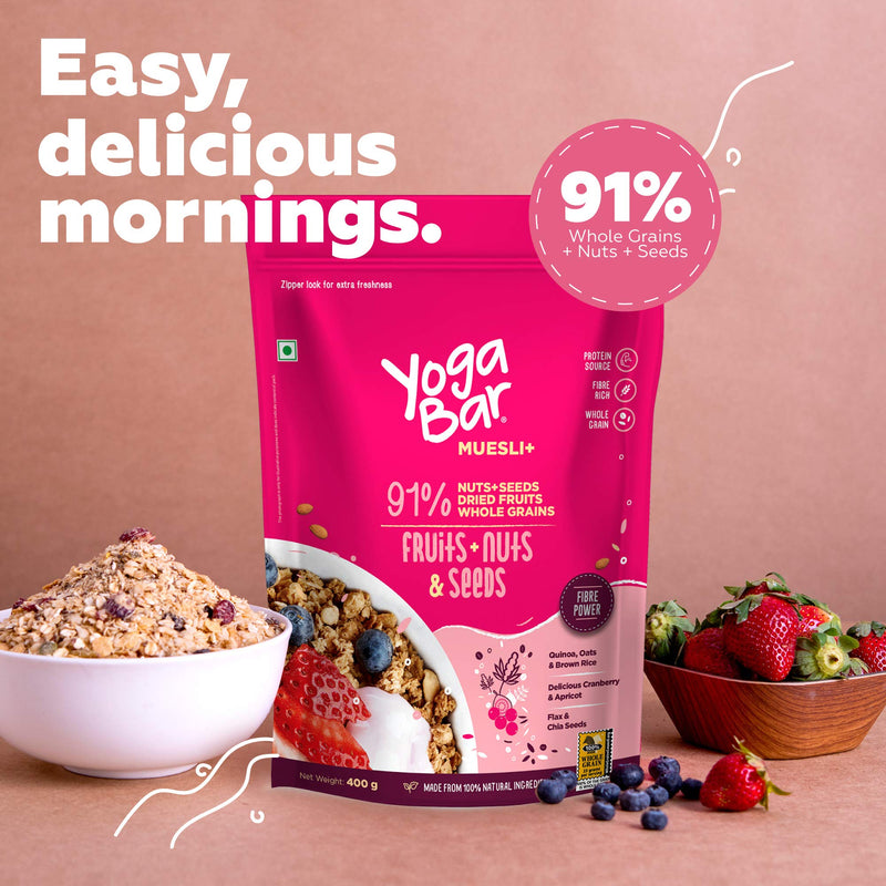 Yogabar Breakfast Cereal & Muesli | 91% Fruit and Nut + Seeds + Whole-Grains | 400g