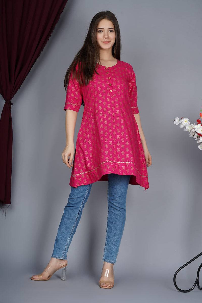 MEERA FAB Women's Cotton Regular Kurti (MF-175_Pink_Small)